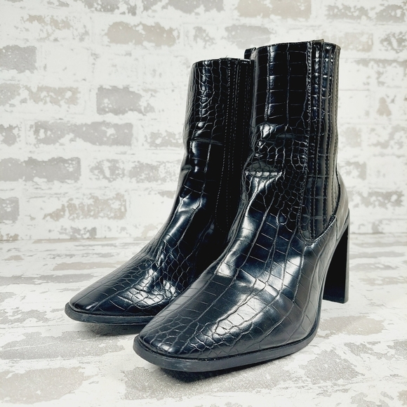 Nasty Gal Black Leather Suede Square Toe Block High Heels Ankle Boots B627 - Picture 2 of 13